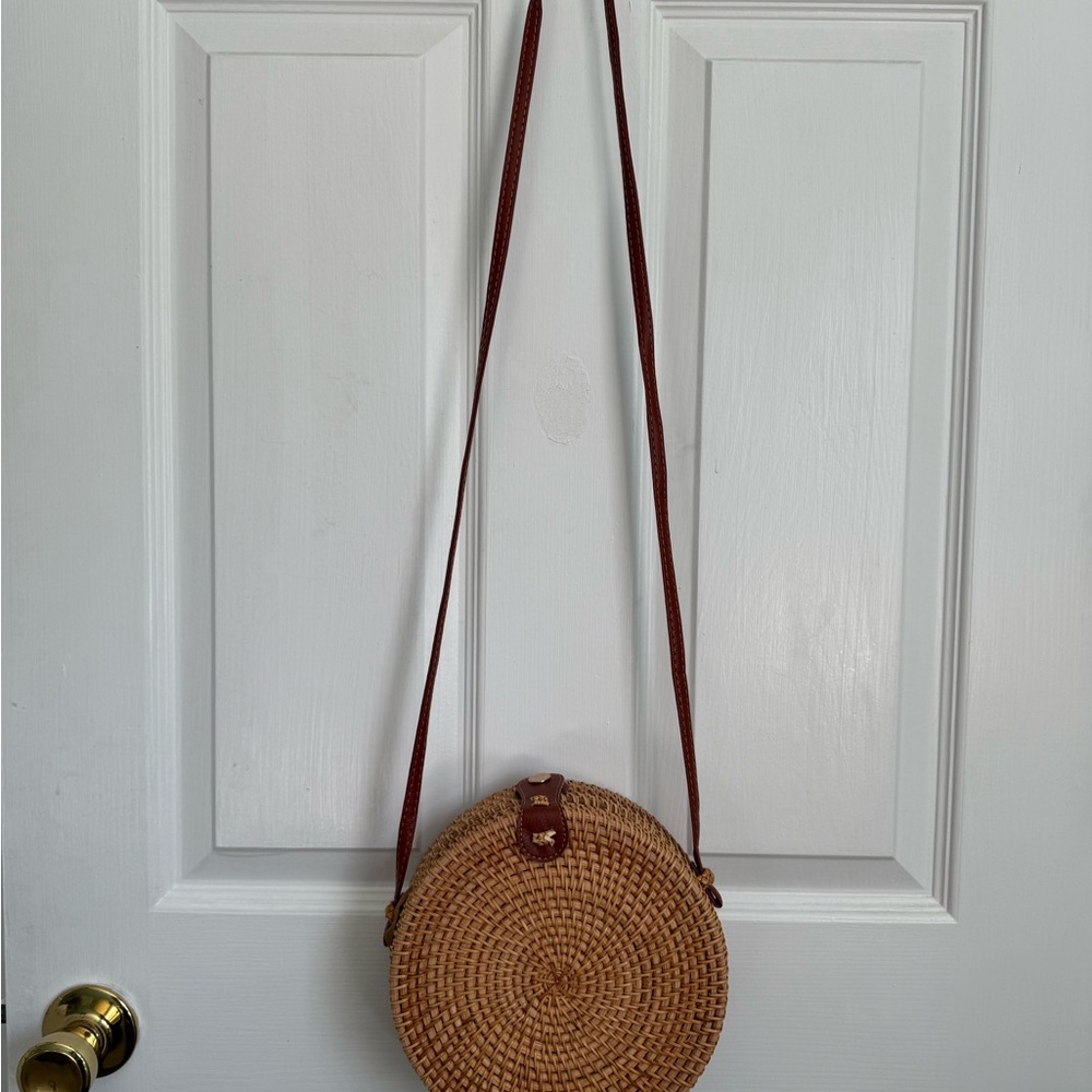 Round Woven Tan Crossbody Bag